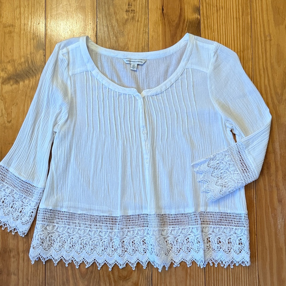 American Eagle Outfitters White Lace Trim Blouse